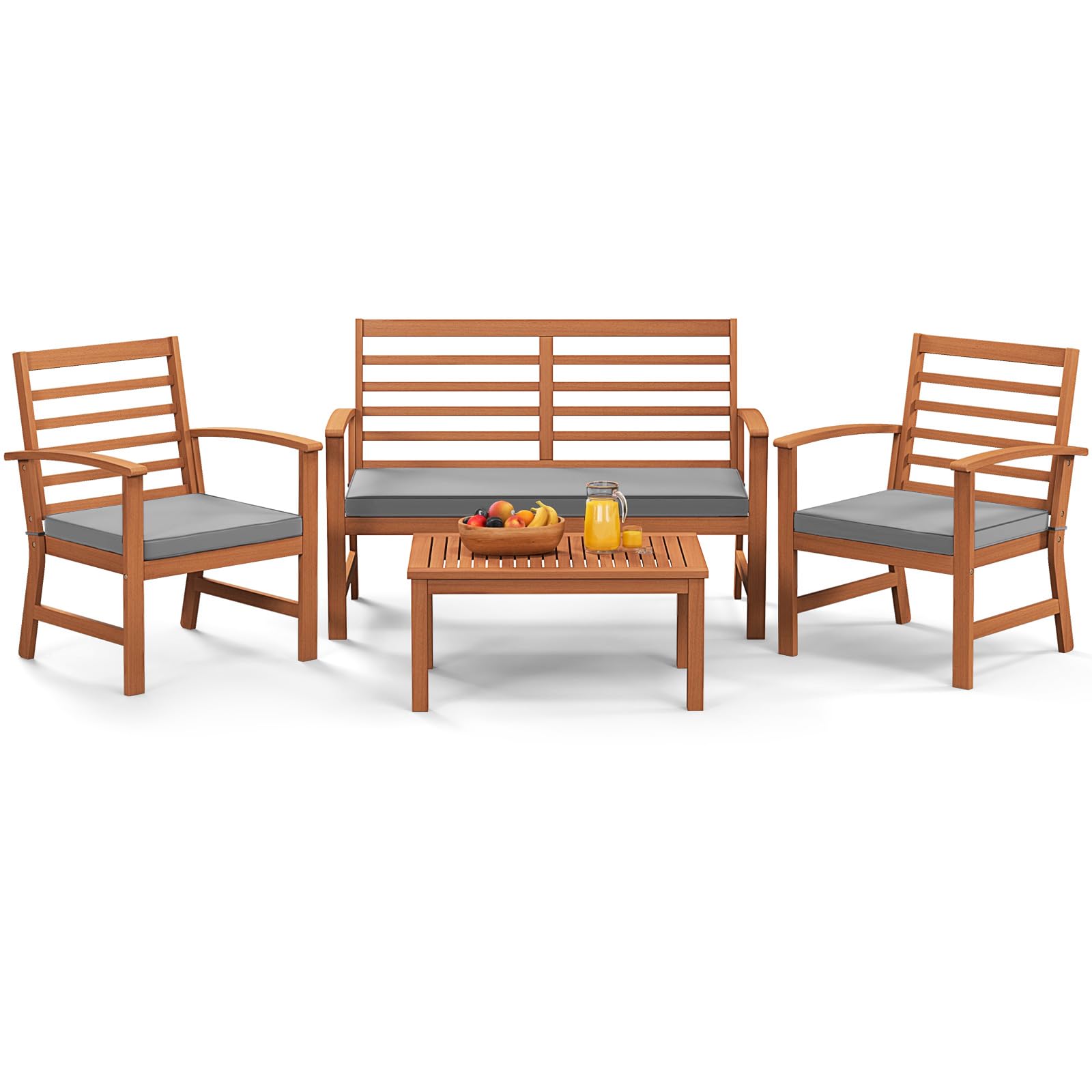 Ensemble de meubles d'extérieur Tangkula 4 pièces, ensemble de conversation en bois d'acacia avec coussins d'assise moelleux